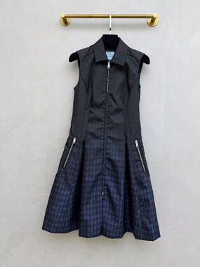 Prada Black and Navy Sleeveless Zip-Front Midi Dress